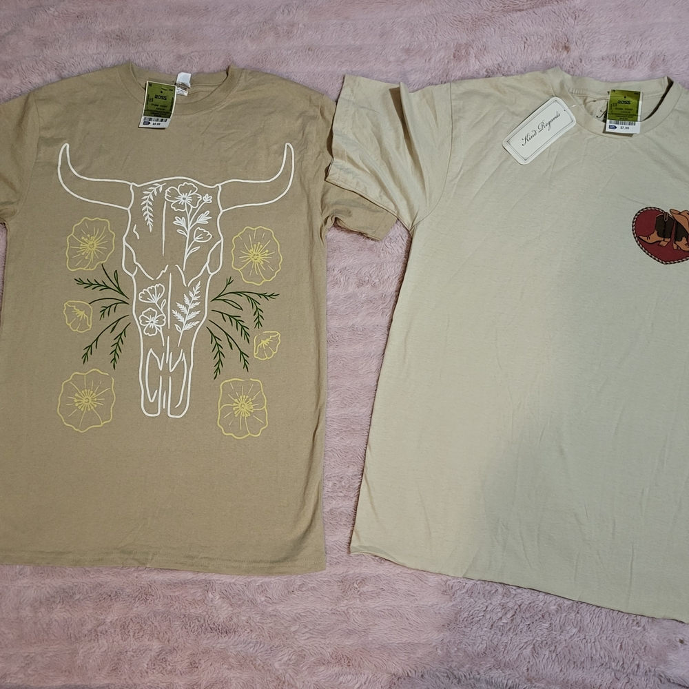 2 Shirts. Women's Beige Bull Skull Graphic Tee And Rodeo Cowgirl Tee